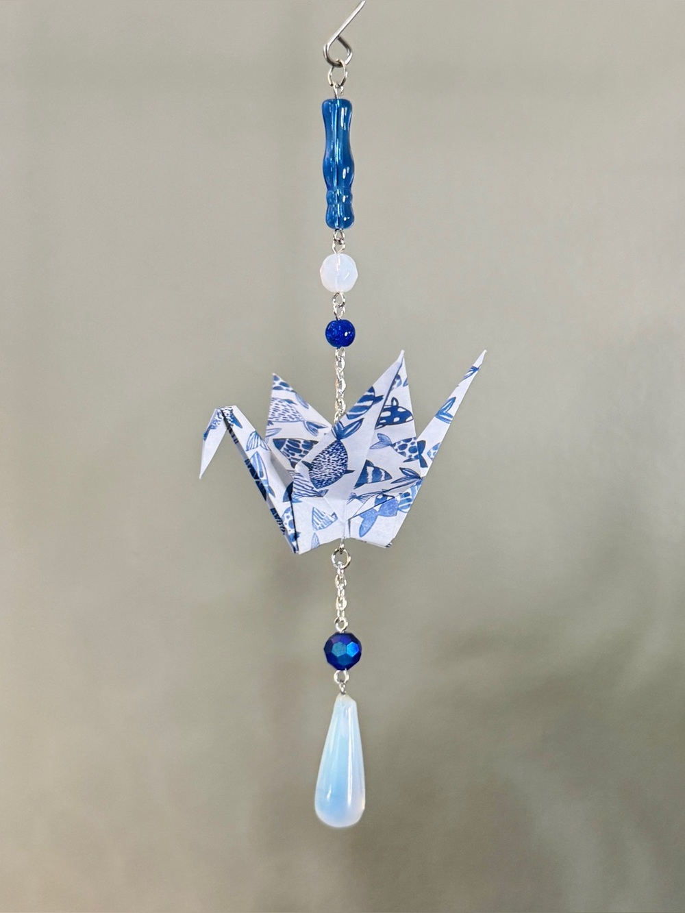 Origami Ornament #2573 - Medium Paper Crane with Opalite Pendant